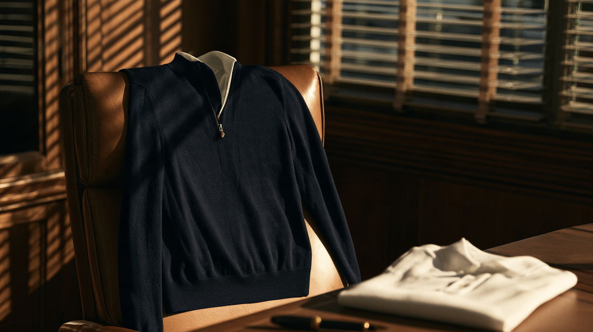 Navy quarter zip over a chair in a professional office