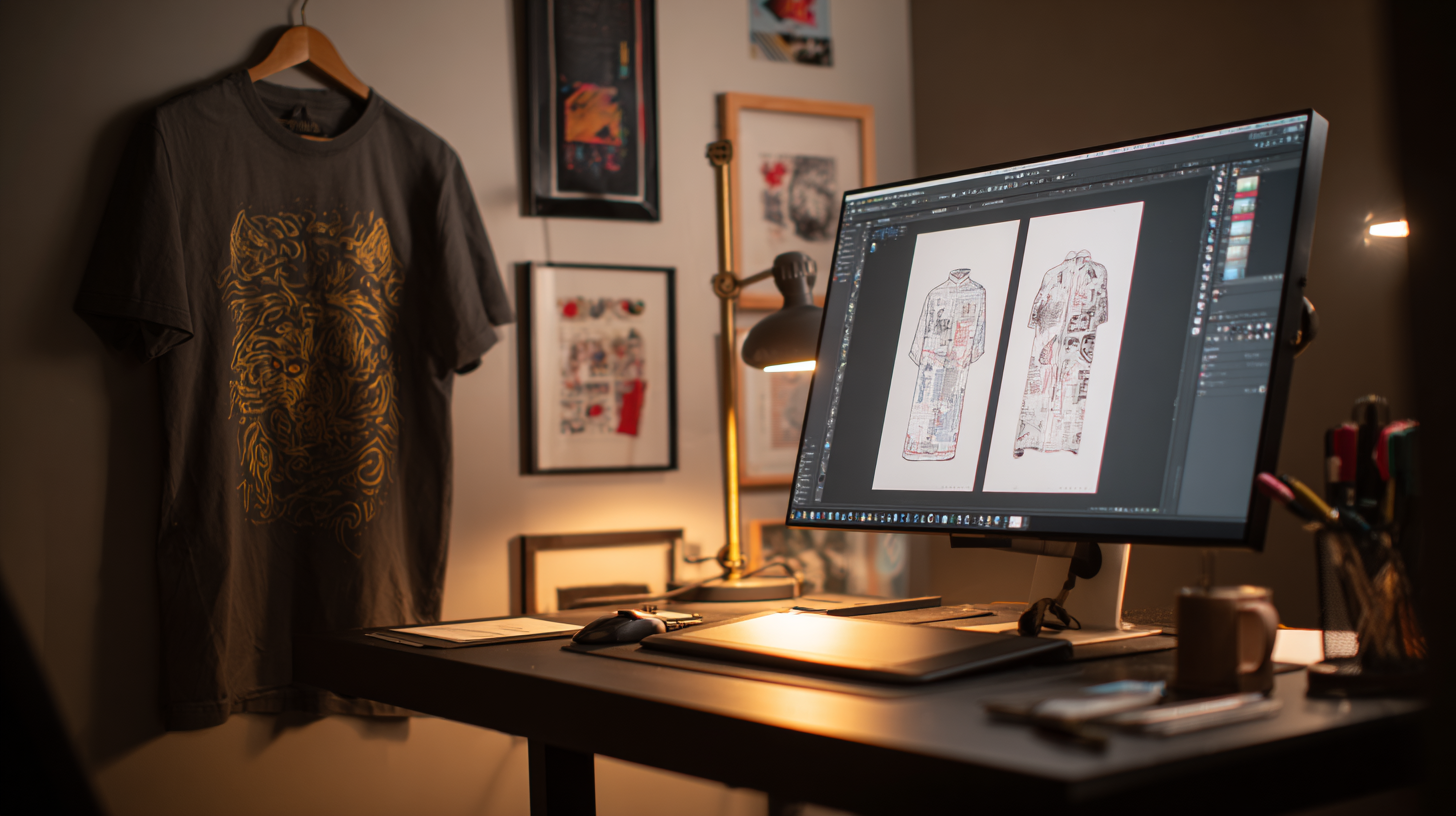 Designer workstation with artwork on screen and a printed tee alongside