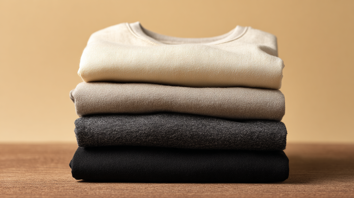 Stack of blank t shirts in cream sand charcoal and black for print on demand