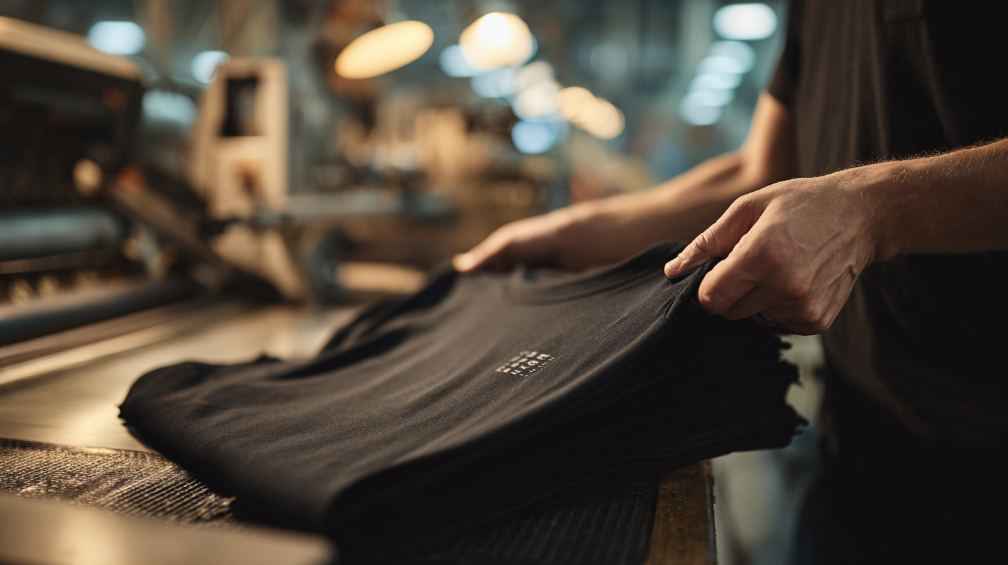Print shop worker inspecting a stack of freshly printed black t shirts