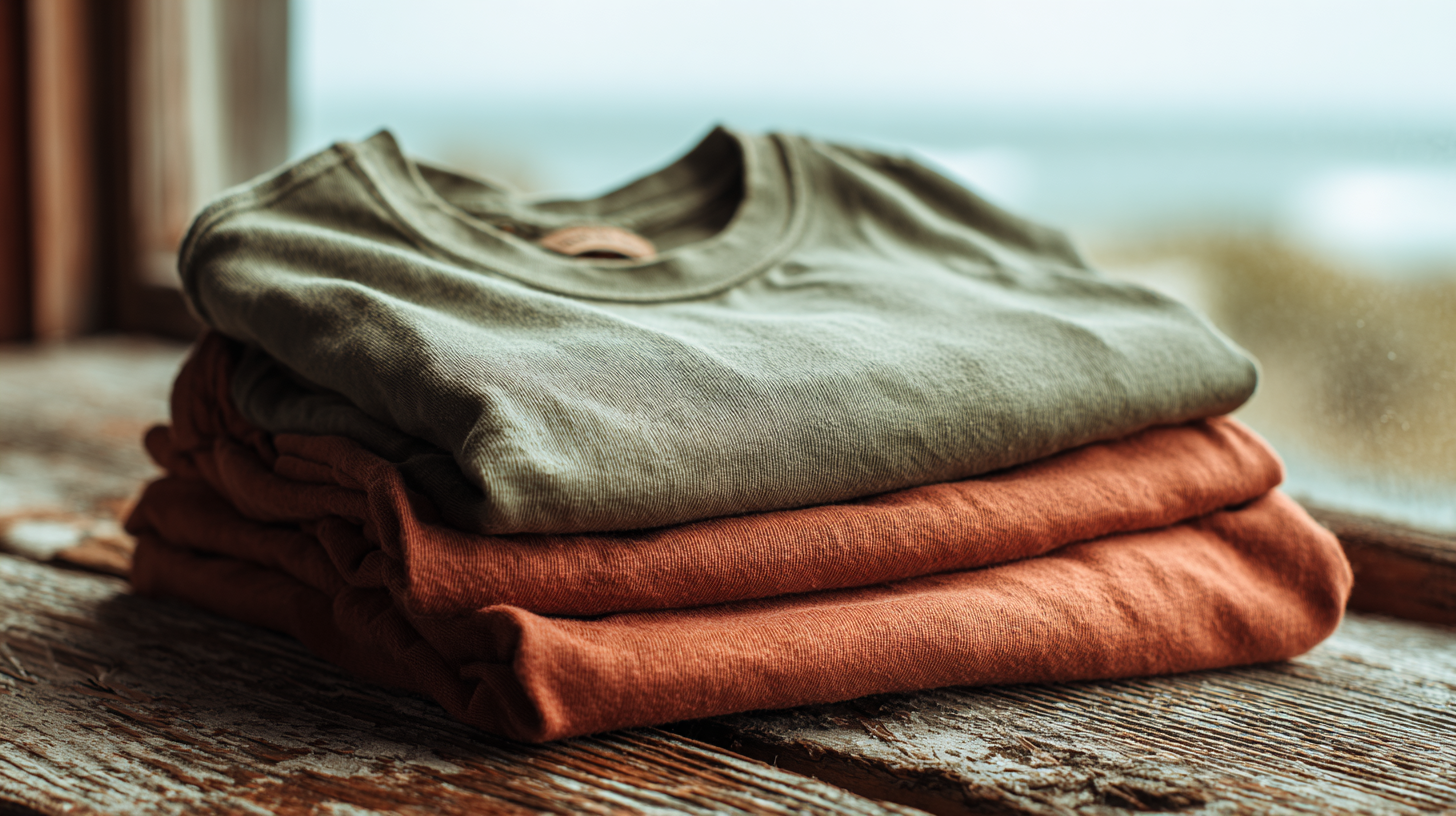 Garment dyed heavyweight tees in faded sage and washed terracotta
