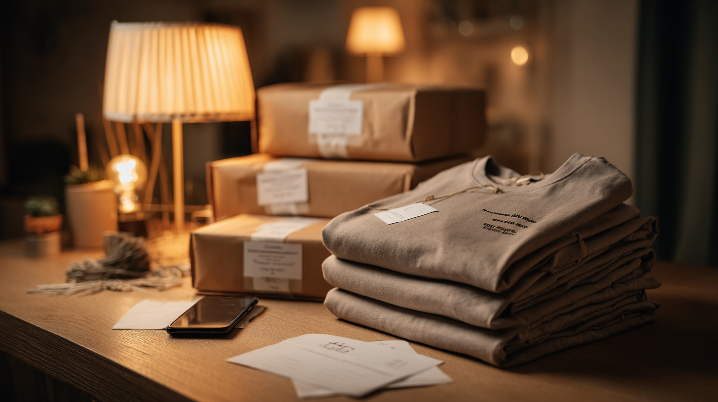 First print on demand orders packed and labeled at a home desk