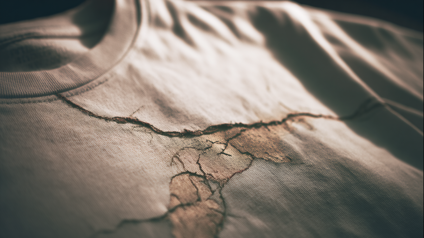 Cracked and peeling graphic print on a worn t shirt