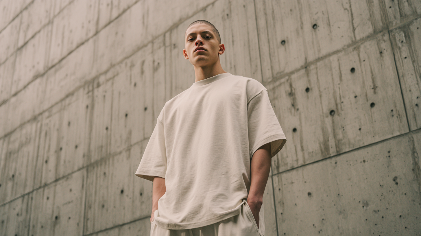 Model wearing an oversized heavyweight boxy tee against a concrete wall