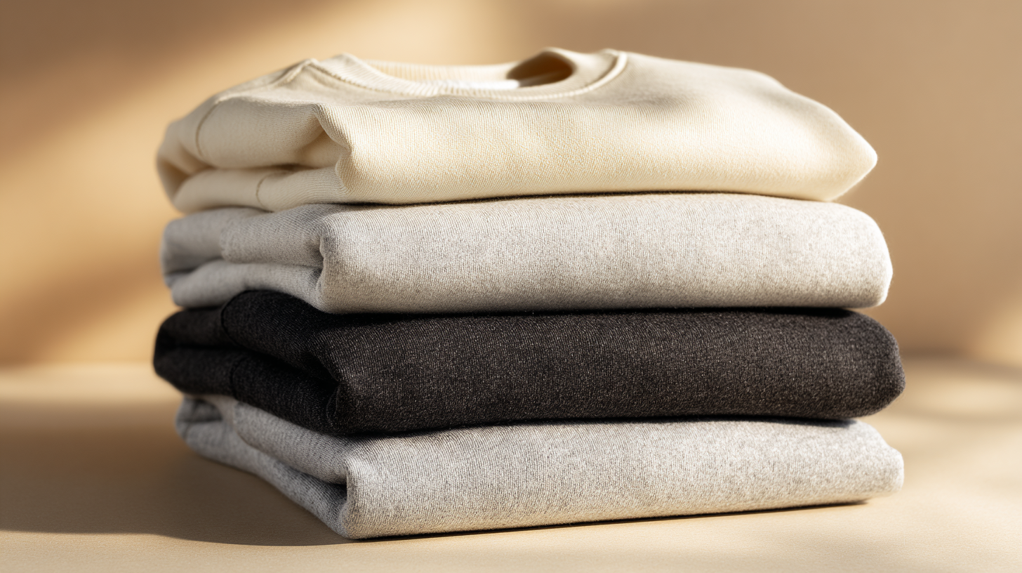 Folded crewneck sweatshirts stacked in cream grey and charcoal