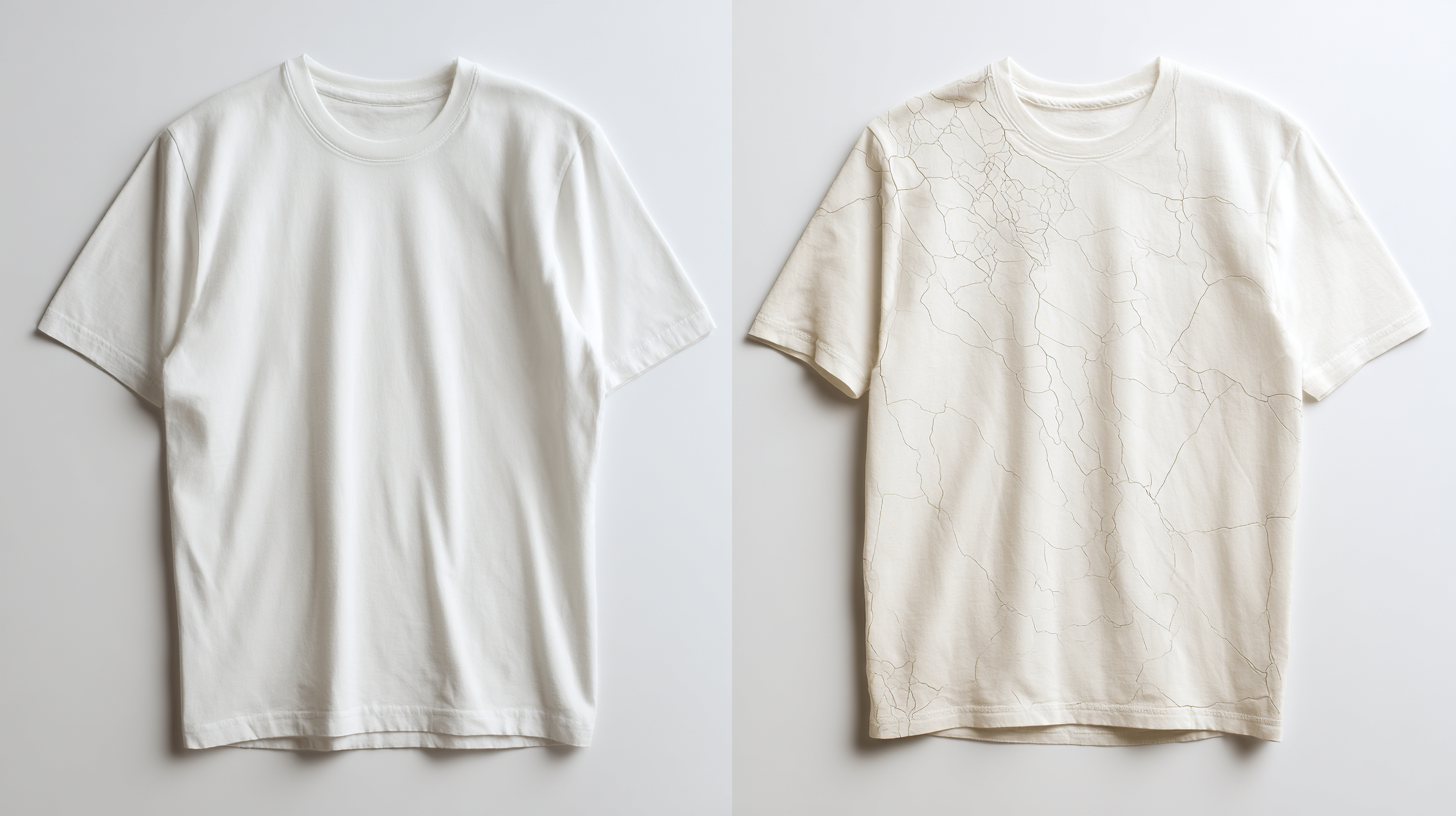 A crisp print beside a cracked faded print on two white t shirts