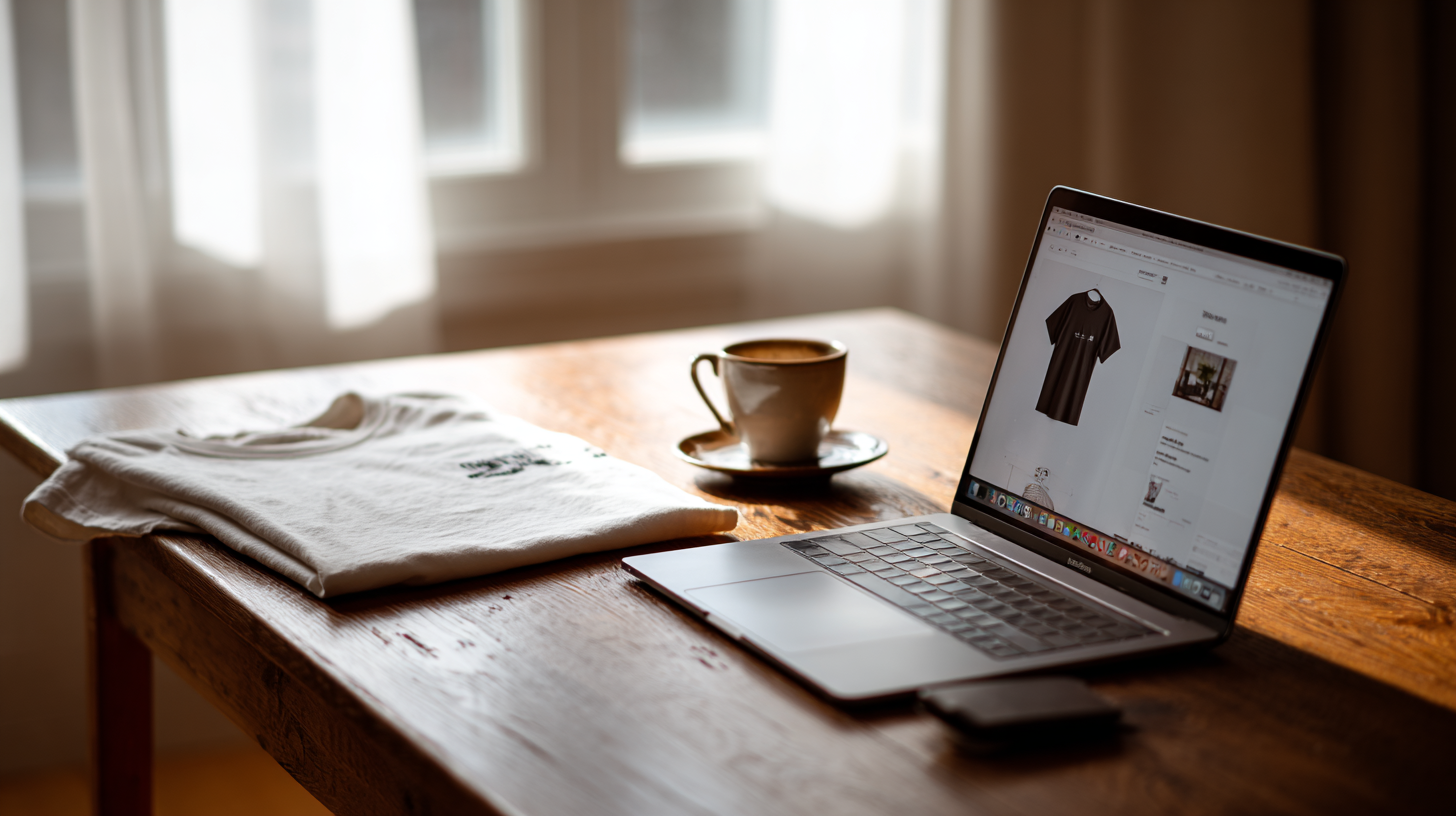 WooCommerce storefront on a laptop beside a folded printed tee