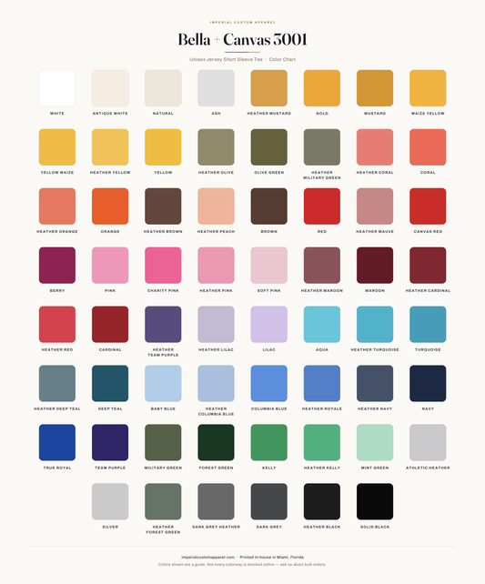 Bella + Canvas 3001 color chart, all 62 colorways