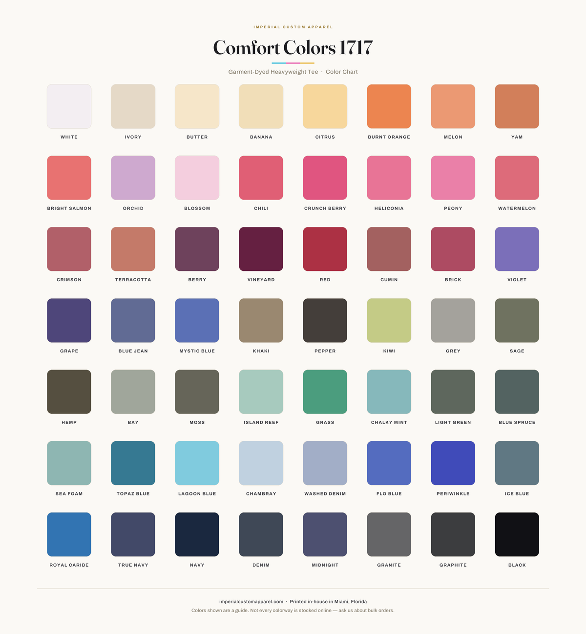 Comfort Colors 1717 color chart, all 56 garment dyed colorways