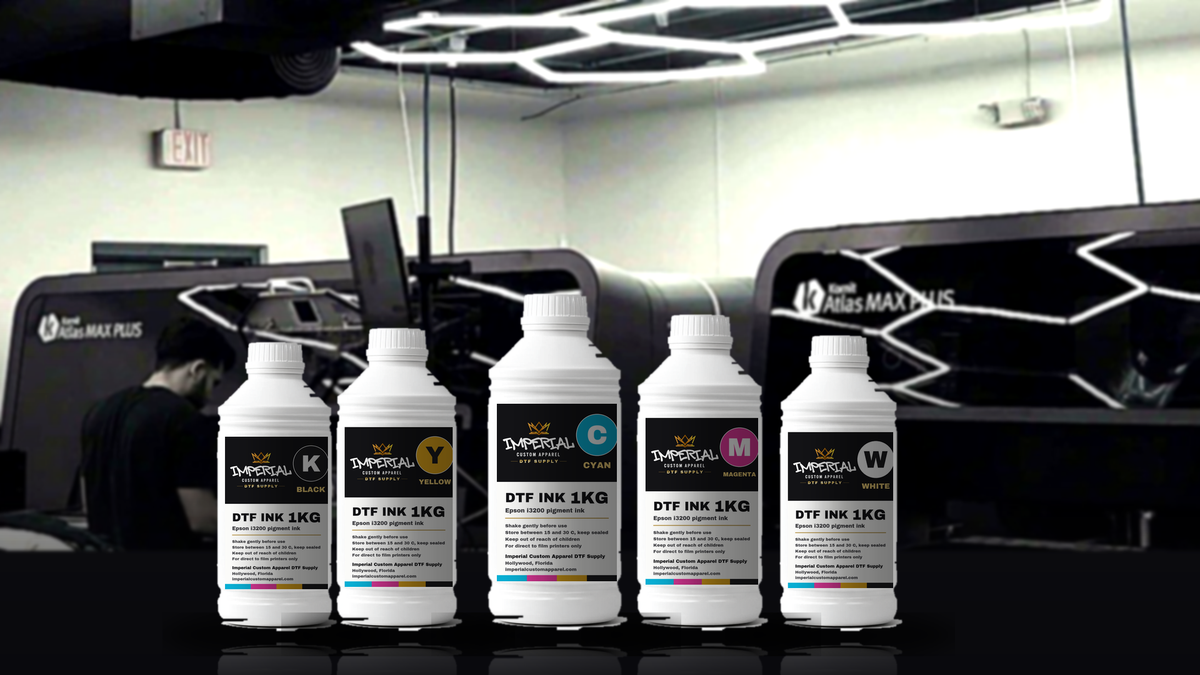 DTF Supply ink bottles on the Imperial Custom Apparel production floor